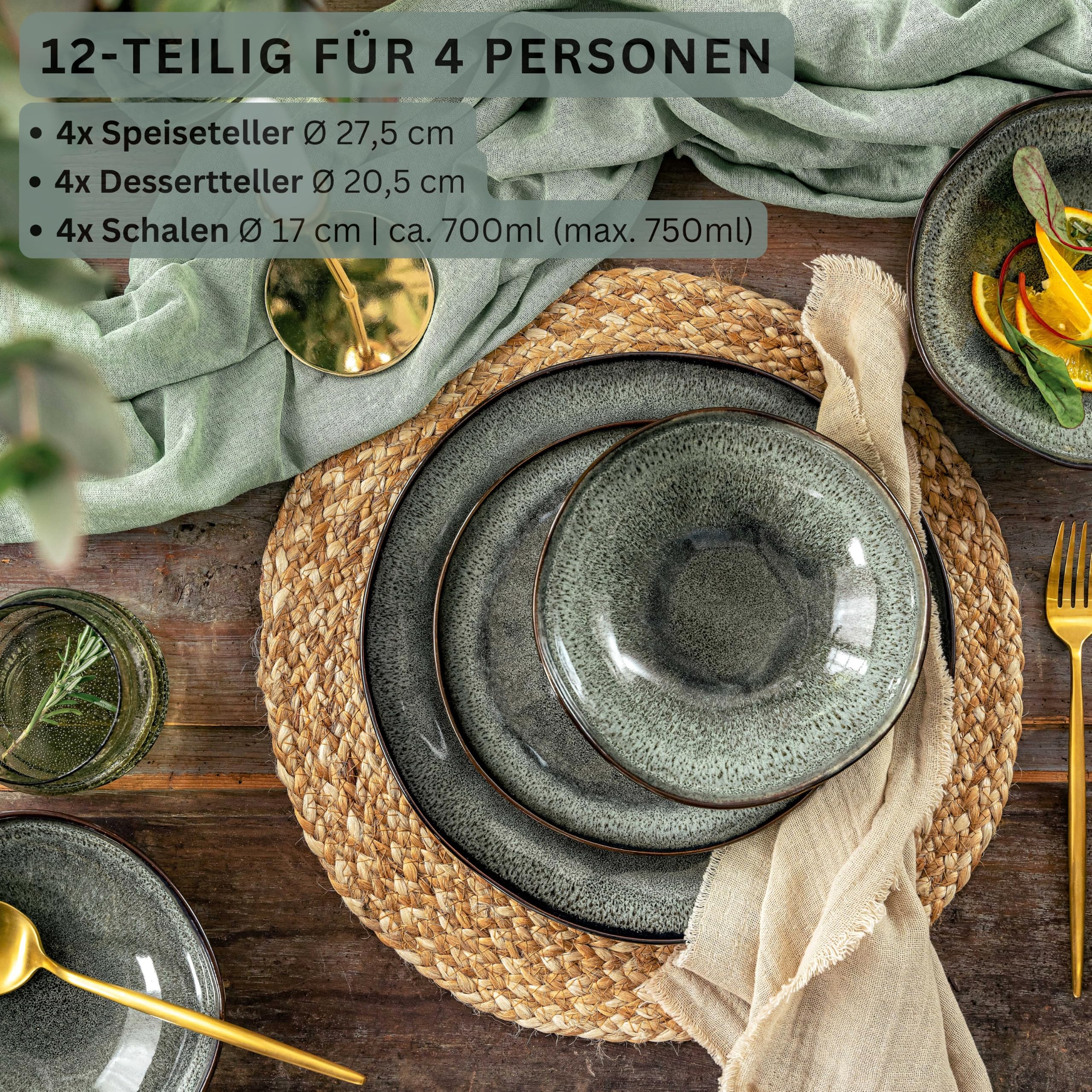 SÄNGER | Teller Set Kopenhagen 12 tlg, Steingut Geschirr Set 4 Personen, Tafelservice inkl. Essteller Frühstücksteller & Tiefe Teller, Speiseteller Set Spülmaschinenfest Grün Grau | PREMIUM COLLECTION