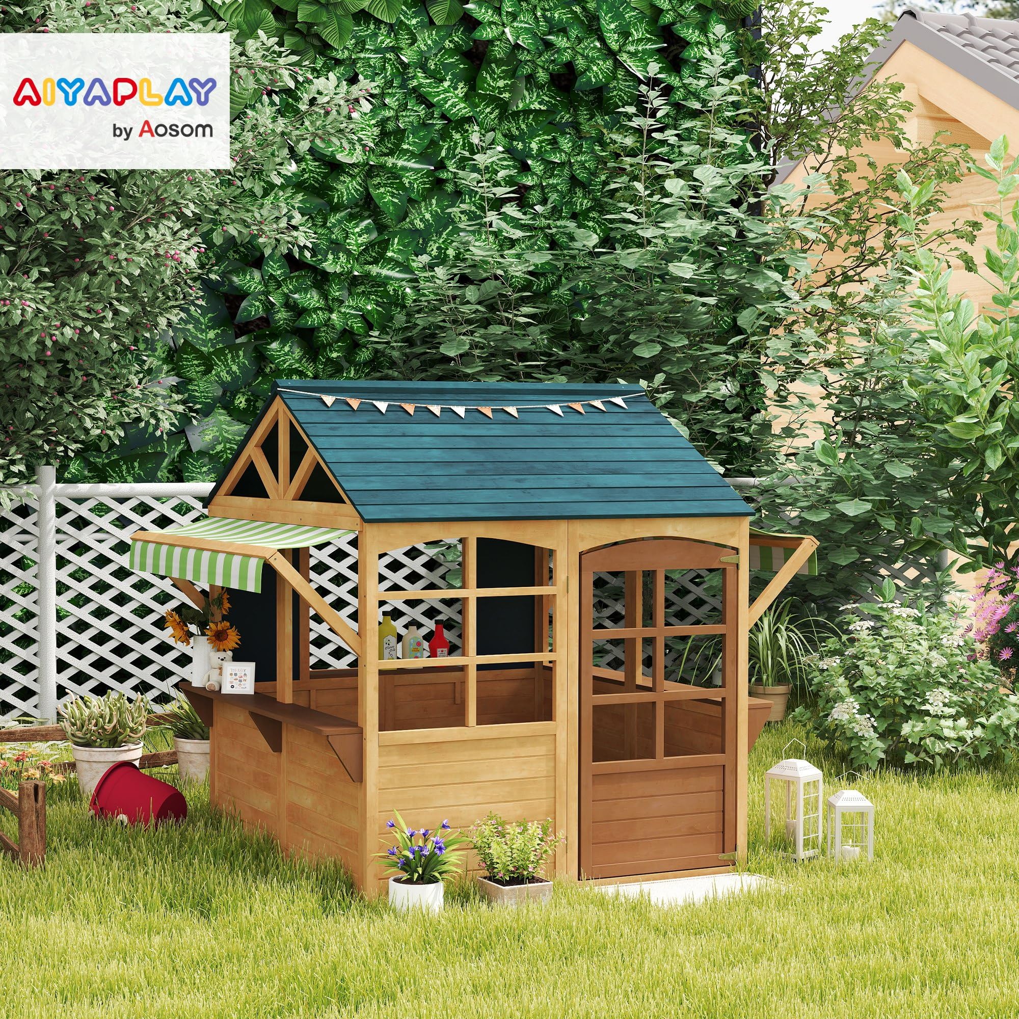 AIYAPLAY Casita Infantil Exterior Madera Plegable 2 Pizarras Ventanas Toldo Casa Jardín Juegos Niños 3 Años