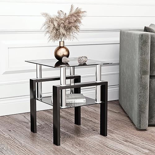 Miniatura 3 de Mesa auxiliar de cristal de 2 niveles moderna con parte superior de cristal, mesa auxiliar para sala de estar con patas de metal para sala de estar,