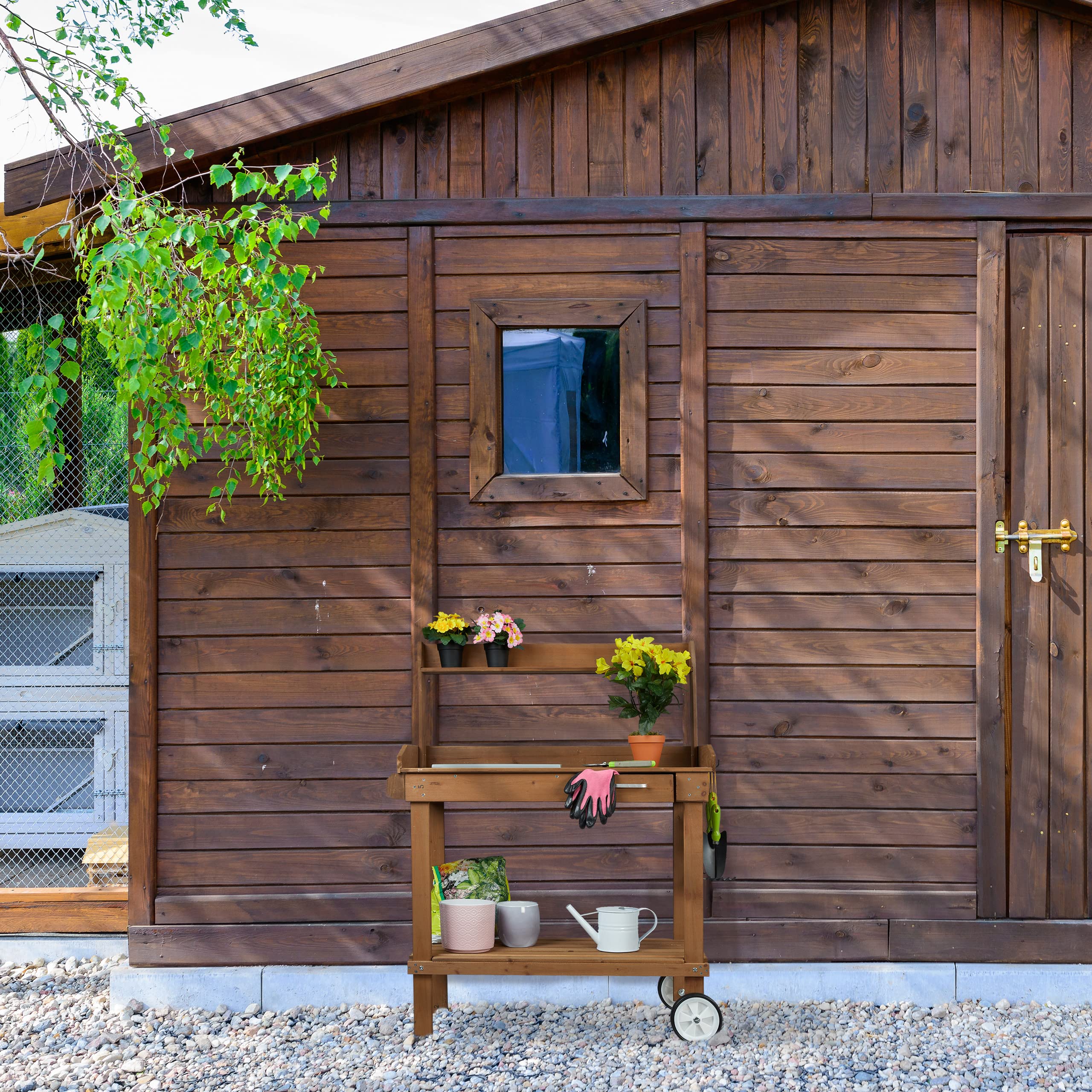 Relaxdays Pflanztisch mit Rollen, Wanne & Schublade, Holz, Kunststoff, HBT: 120 x 97 x 49 cm, Garten Arbeitstisch, braun