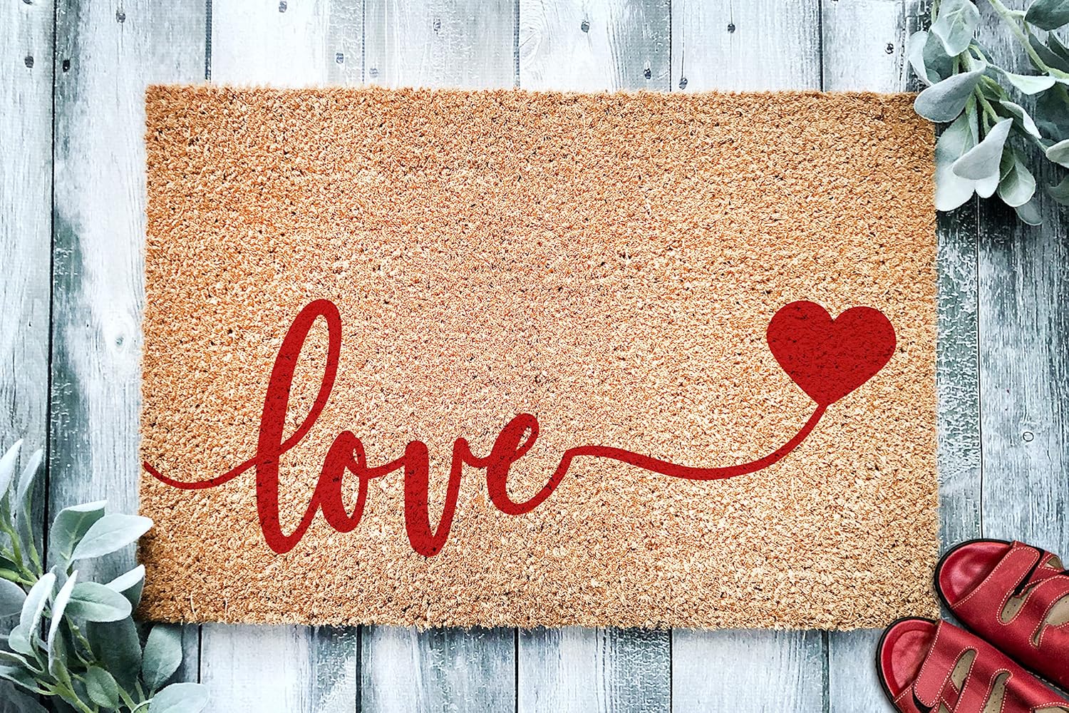 Love Red Heart Doormat, Cute Valentine's Housewarming Gift, Custom Coconut Coir Closing Welcome Front Door Mat, Romantic Home Rug STK 1605