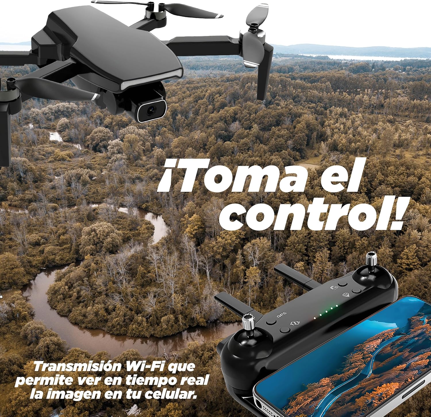 Drone flying over a forest with a remote controller and smartphone showing live feed