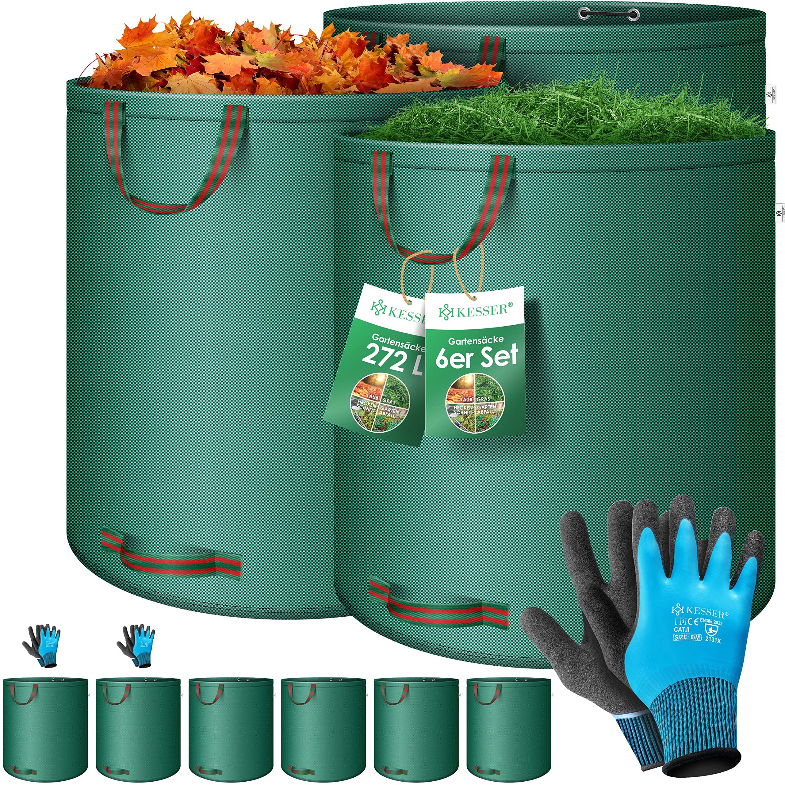 KESSER® Gartensack 6x 272L Set Laubsack Gartenabfallsack inkl. Handschuhe - Selbststehend 4 Griffe Stabil Robust & Faltbar - Laubsäcke Rasenschnitt Gartensäcke für Gartenabfälle Grünschnitt Grün