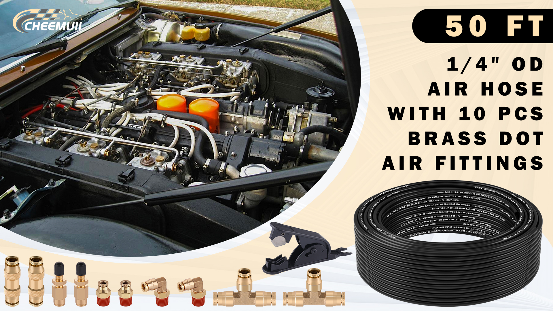 CheeMuii 50 FT DOT Air Line With Brass Fittings Kit for Air