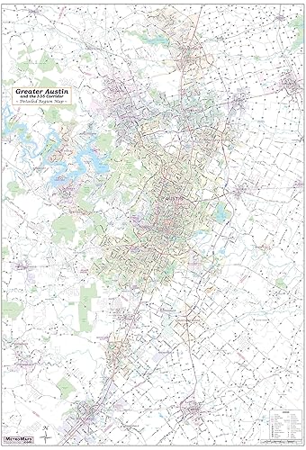 Texas Map Store Mapa de pared arterial mayor del área regional de Austin, 42 pulgadas de ancho x 62 pulgadas de alto (laminado, a todo color)