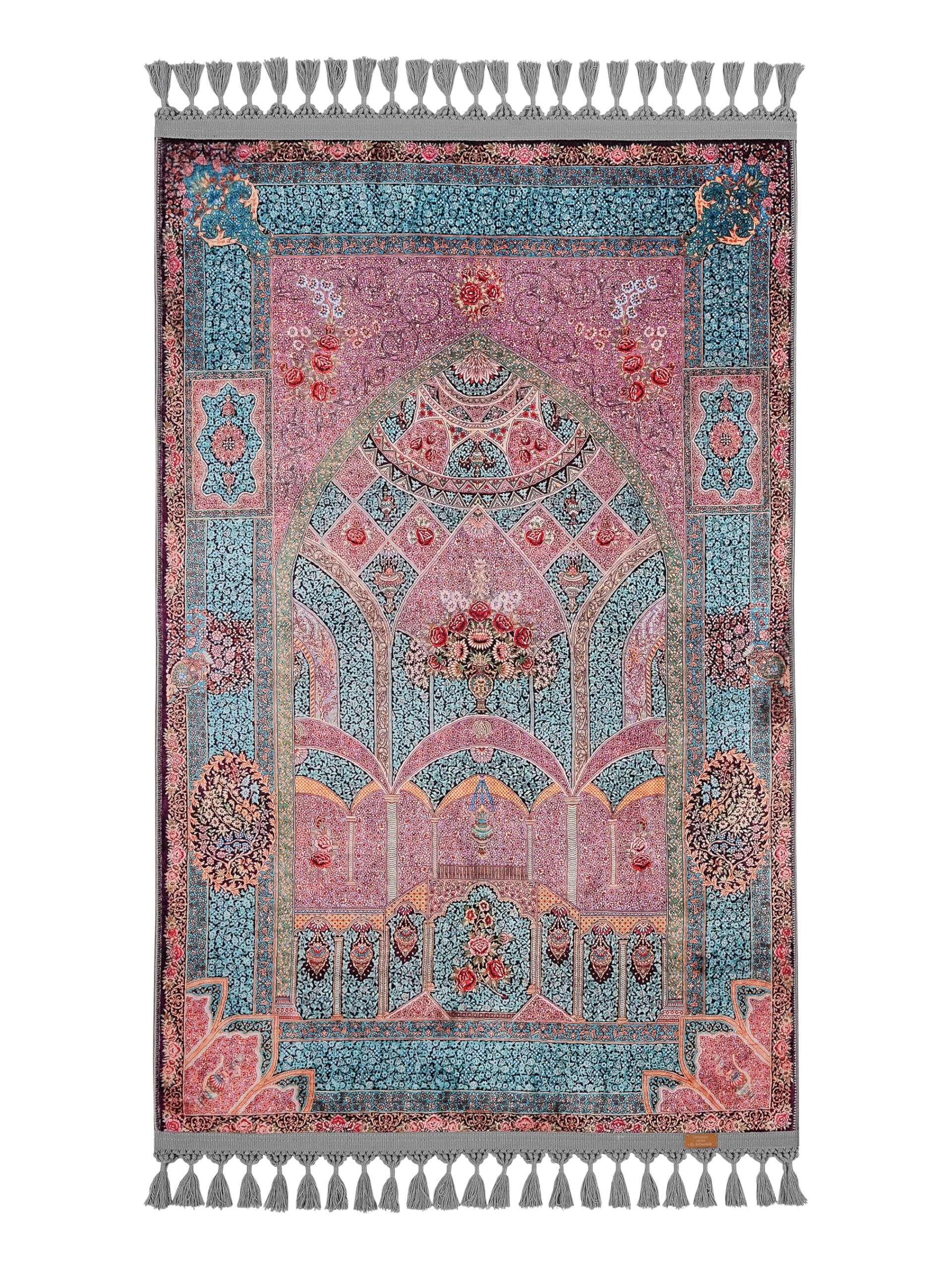Alfombra de oracion turca tradicional con diseno floral rosa y borlas grises elegantes 1