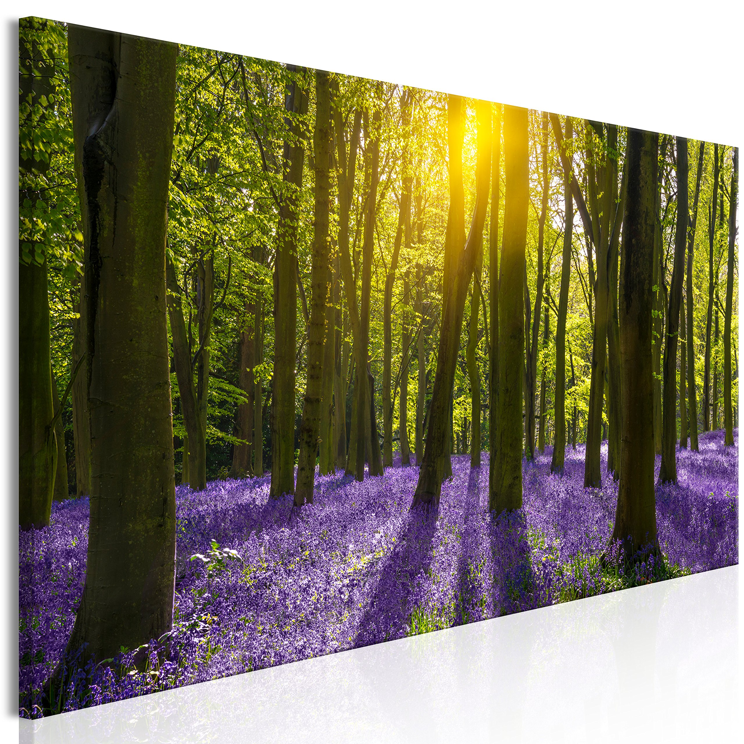 artgeist Acoustic Canvas Wall Art Forest 47x16 in - 1pcs Picture with Acoustic Foam Sound Print Artwork Room Acoustics Soundproofing - Forest Landscape Green Tree Purple Flowers c-B-0369-b-a