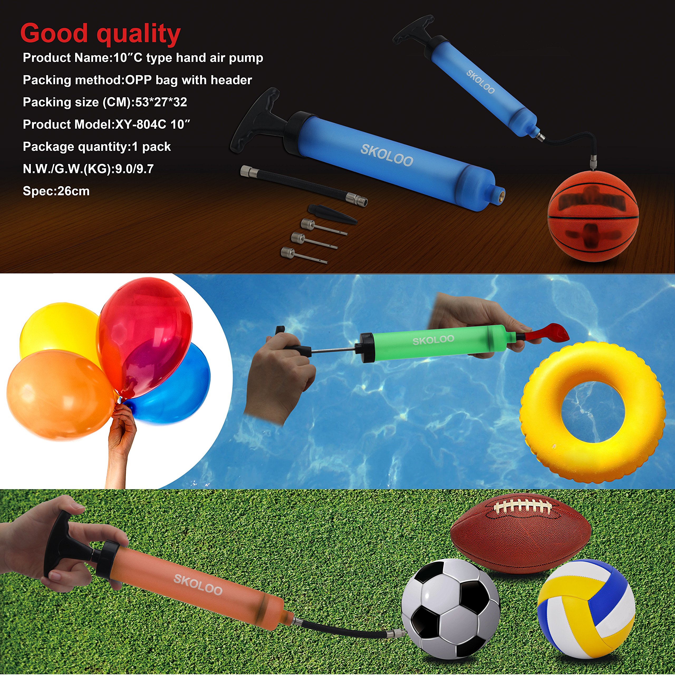 Kit de inflador de bomba de aire portátil de 10 pulgadas con aguja, boquilla, manguera de extensión para fútbol, baloncesto, fútbol, voleibol, waterpolo, rugby, ejercicio, pelota deportiva, 4