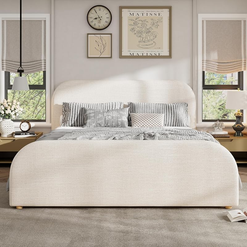 Merax King Size Bed Frame, Upholstered Linen Platform Bed with 44 Inch Tall Headboard & Footboard, Solid Wood Base, Soft Curved Edges Design King Bedframe, No Box Spring Needed, Easy Assembly, Beige image 3