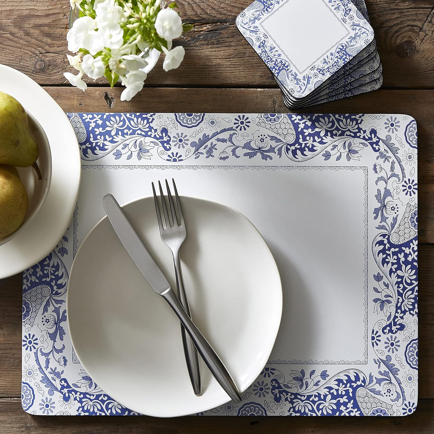 Blue and White Cork-Backed Square Coasters Set of 6