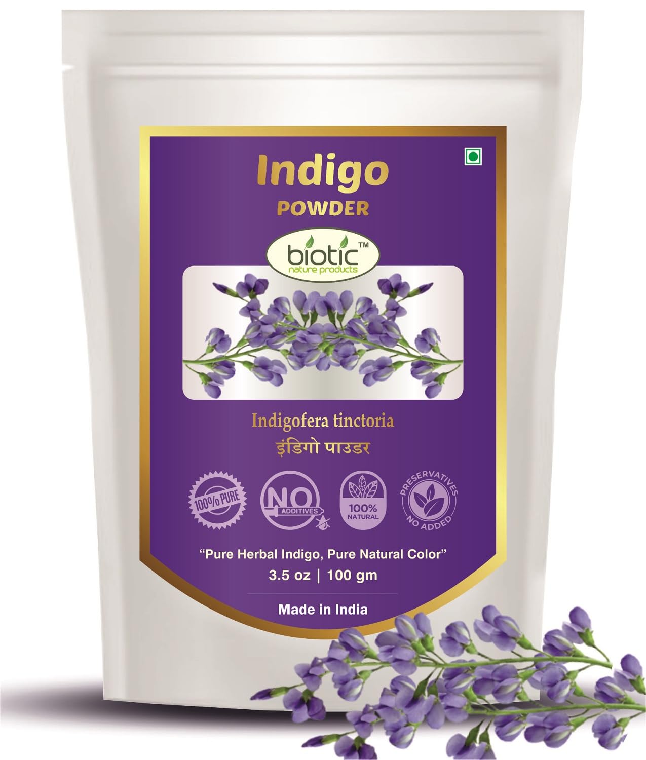 Biotic Natural and Herbal Indigo Powder for Hair Colour - Natural Organic Hair Dye for Black Brown Color for Men Women - 100gm