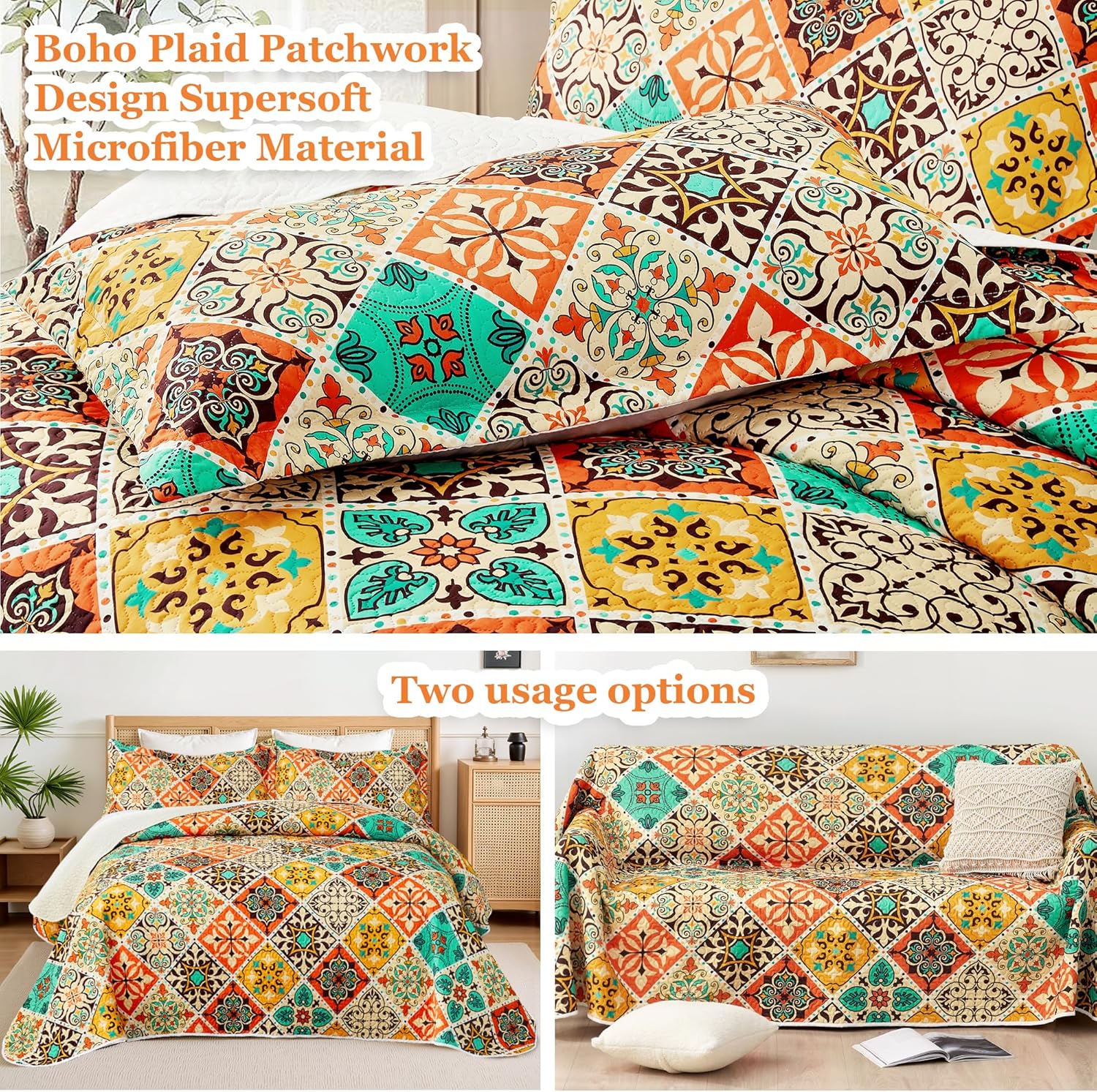 3 Piece Boho Colorful Quilt Set King Size Bohemian Reversible Bedding Set Microfiber Lightweight Bedspread Coverlet with 2 Sham Patchwork Mandala Print Bed Covers for All Season, 106''x96'' - Image 3