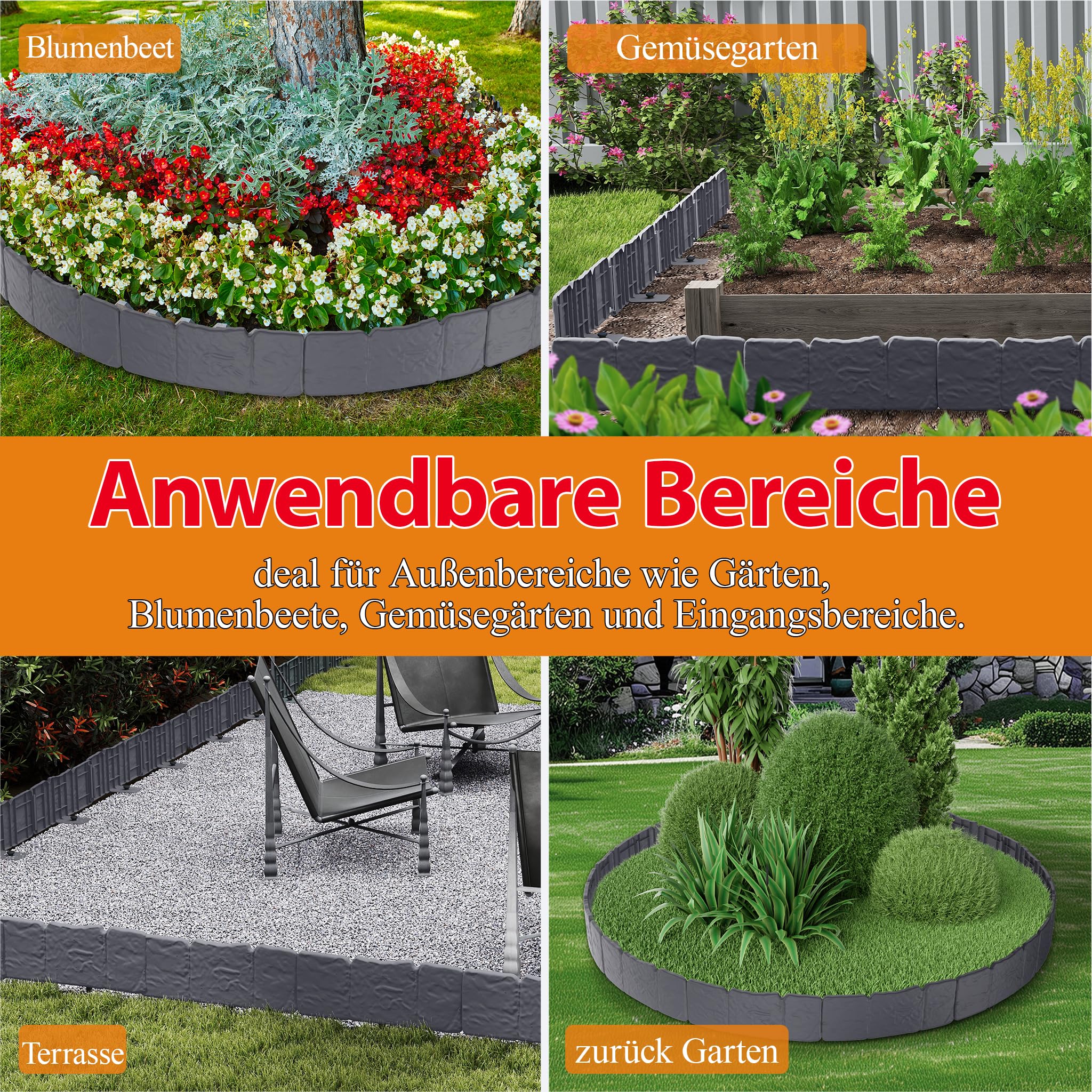 HENGMEI Bordo per aiuole in plastica, 2,5 m, con effetto pietra, 10 pezzi, 25 x 23 cm (lunghezza x altezza), antracite