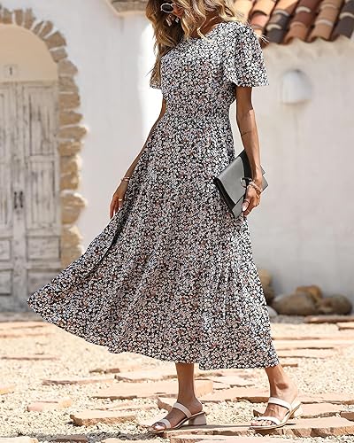 Miniatura 2 de PRETTYGARDEN Vestido Maxi casual de verano para mujer, manga corta con vuelo, cuello redondo, cintura fruncida, escalonado, bohemio, floral, fluido