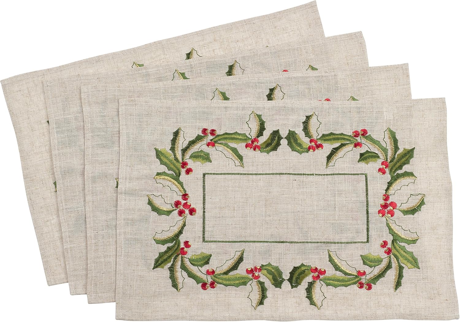 SARO LIFESTYLE Embroidered Holly Design Placemat, 14" x 20", Natural