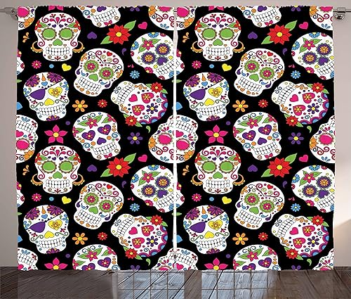 Ambesonne Cortinas de calavera de azúcar, diseño de cementerio de México sobre fondo negro, juego de 2 paneles de cortinas de ventana para sala de
