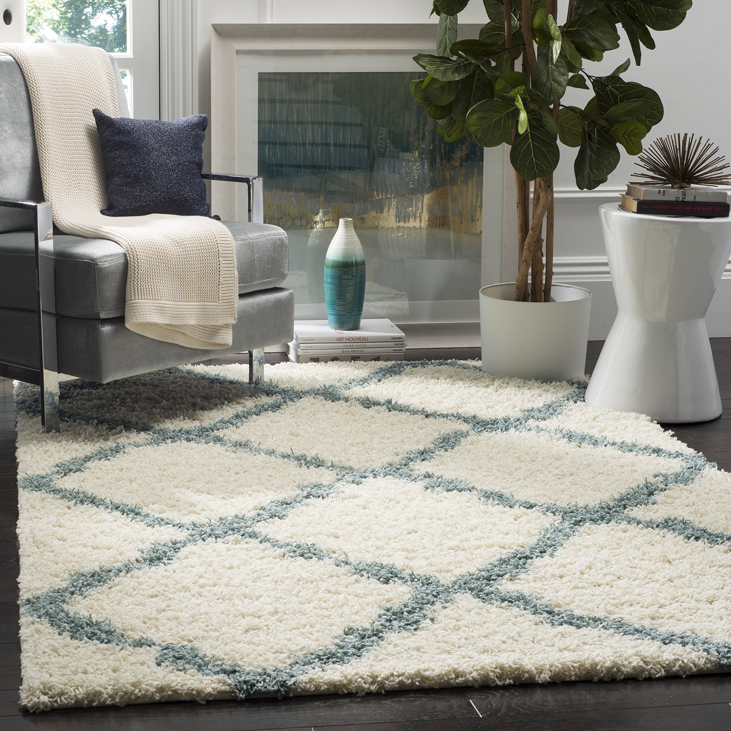 SAFAVIEH Dallas Shag Collection Area Rug - 5'1" x 7'6", Ivory & Light Blue, Trellis Design, Non-Shedding & Easy Care, 1.5-inch Thick Ideal for High