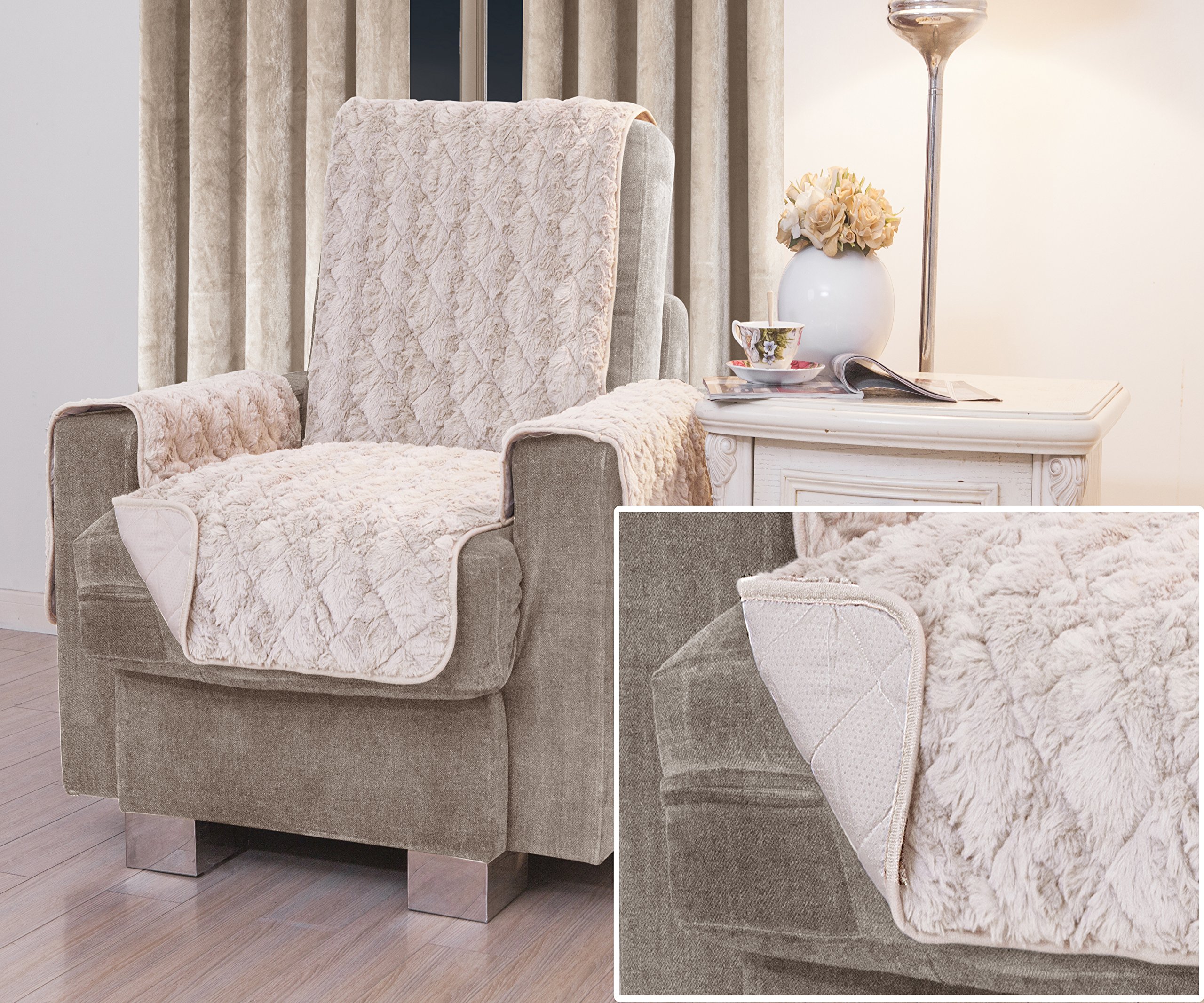 Home Harmony Luxury Super Soft Plush Fur Quilted Water Resistant non Slip Furniture Sofa Arm Chair Protector Throw (Beige, Arm Chair)