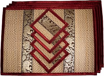 Cccollections Hand-Woven Table Placemats & Coasters Set for Everyday Dining | Thai Style Wicker Placemats Alternative to Plastic Heat Resistant - 4 Pcs