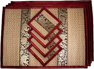 Hand-Woven Wicker Reed Placemats Coaster Set Eco-Friendly Alternative to Plastic Heat Resistant Thai Style Durable Easy to Clean for Dining Table Set of 4 (Medium, Burgundy)