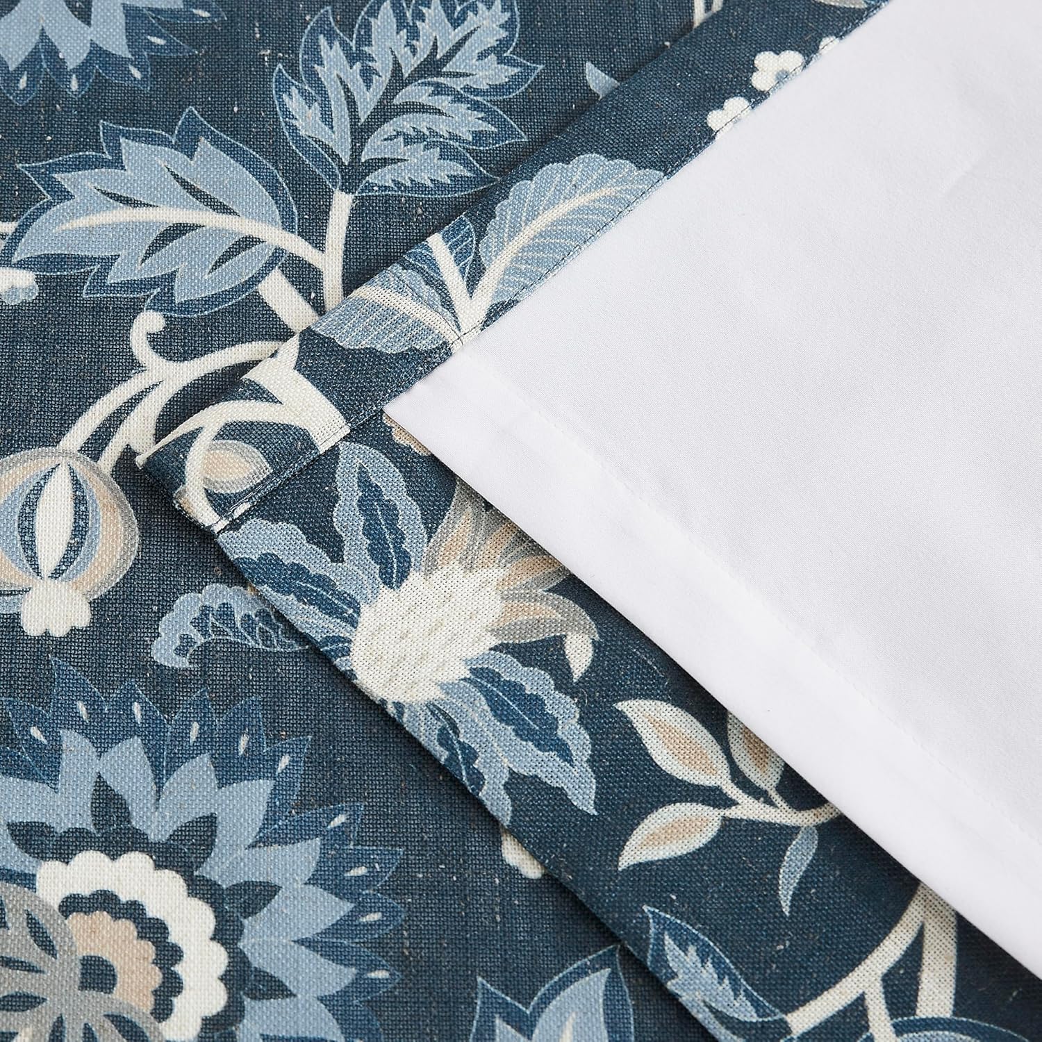 Vision Home Navy Blue Floral Pinch Pleat Light Filtering Curtains, Linen Pleated Lined Drapes Back Tab Hooks for Living Room Bedroom, Vine Botanical Jacobean Print Panels 40x90 Inch Set of 2