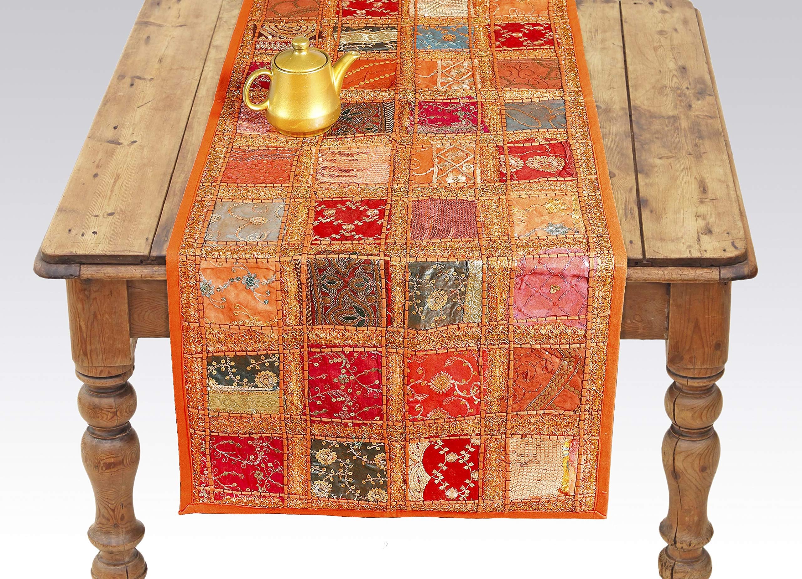 Orange Embroidered Table Runner - Indian Cotton Boho Bohemian Hippie Patchwork Decoration Decor Tapestry Wedding Reception Party Decor (Orange, 18 x 58 Inch)