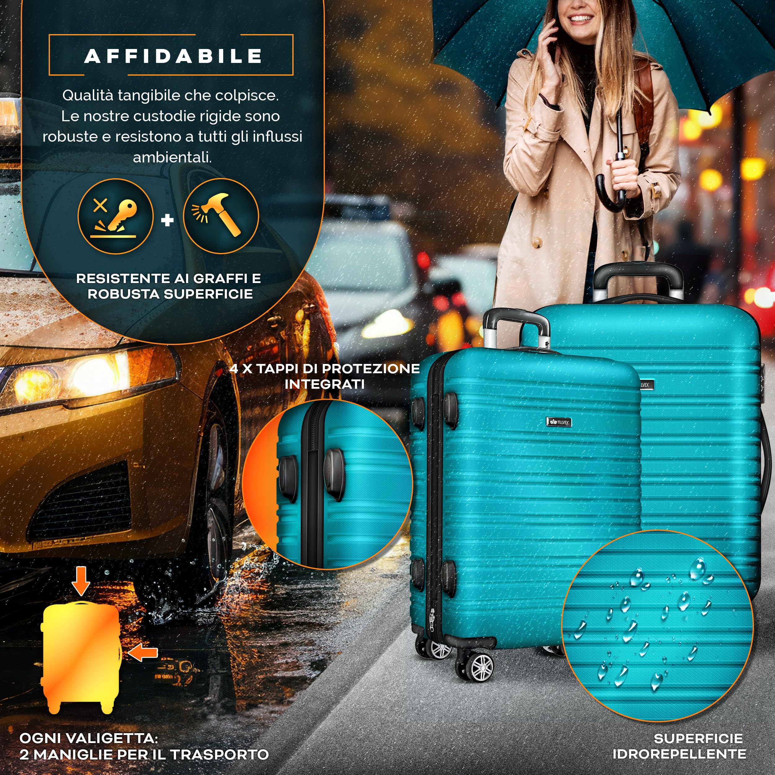 tillvex® Set di 4 valigie da viaggio con bilancia per bagagli, cinghie per valigie e etichette per valigie, set rigido da 4 ruote, trolley con serratura TSA, valigetta rigida S-M-L-XL