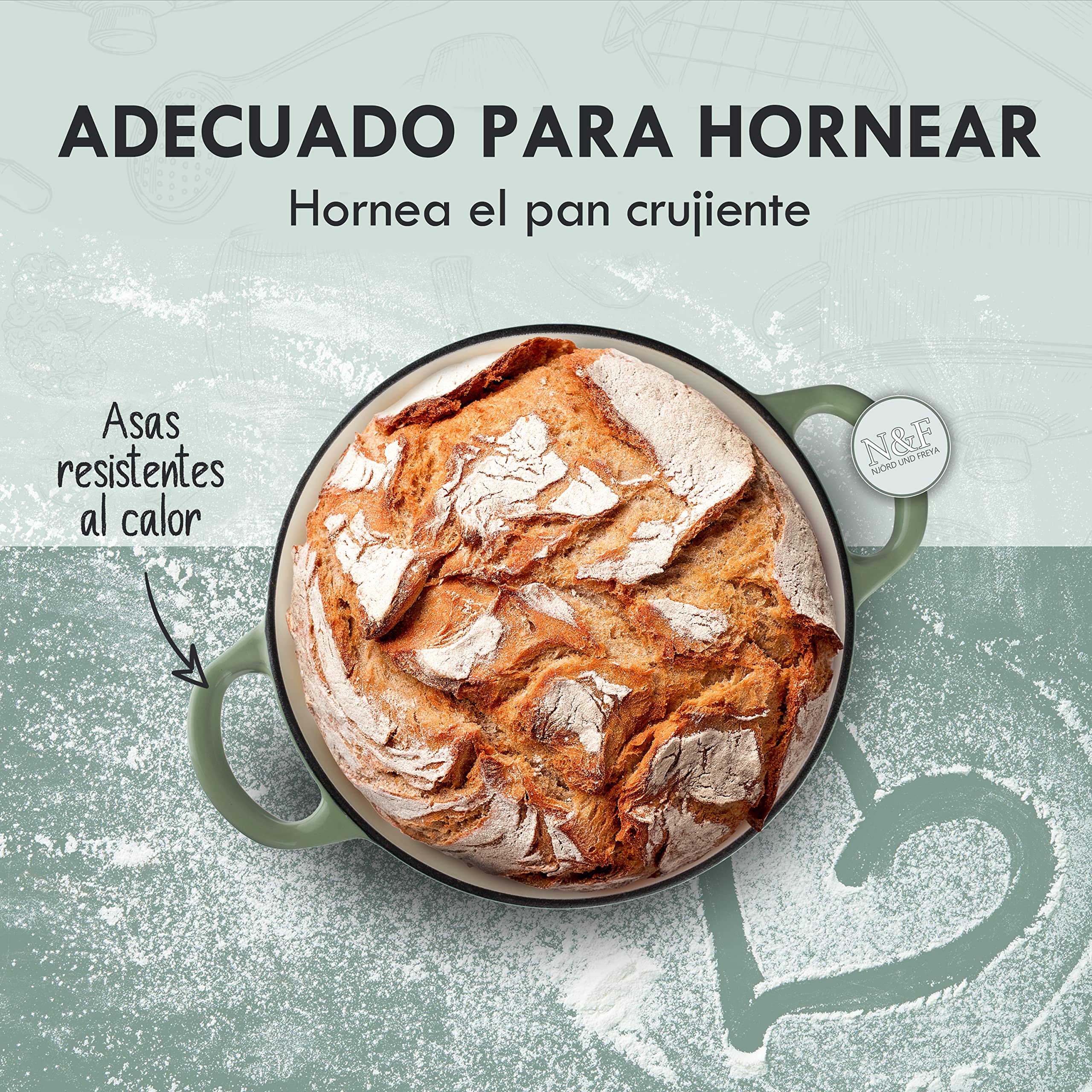 Njörd & Freya - Cazuela de Hierro Fundido, 24 cm de Diámetro, Cacerola con Tapa, Olla de Hierro Fundido, Revestimiento Esmaltado, Apto para Todo Tipo de Cocinas e Inducción