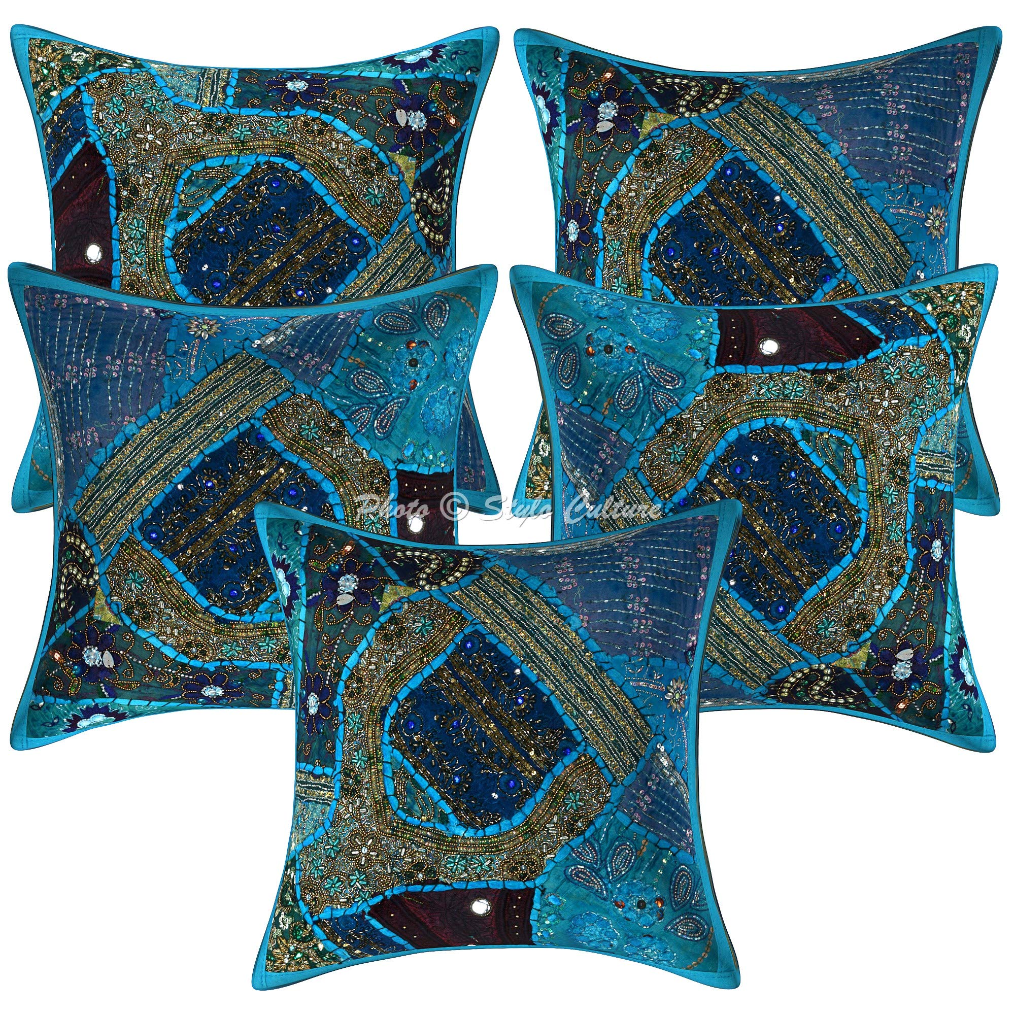 Boho Fundas De Almohadones Decorativa 40x40 cm Algodón Bordado Forros para Cojines Silla Turquesa 16x16 Inch Patchwork De Cuentas Cuadrado sobre Fundas para Cojines Cama - 5 Pcs
