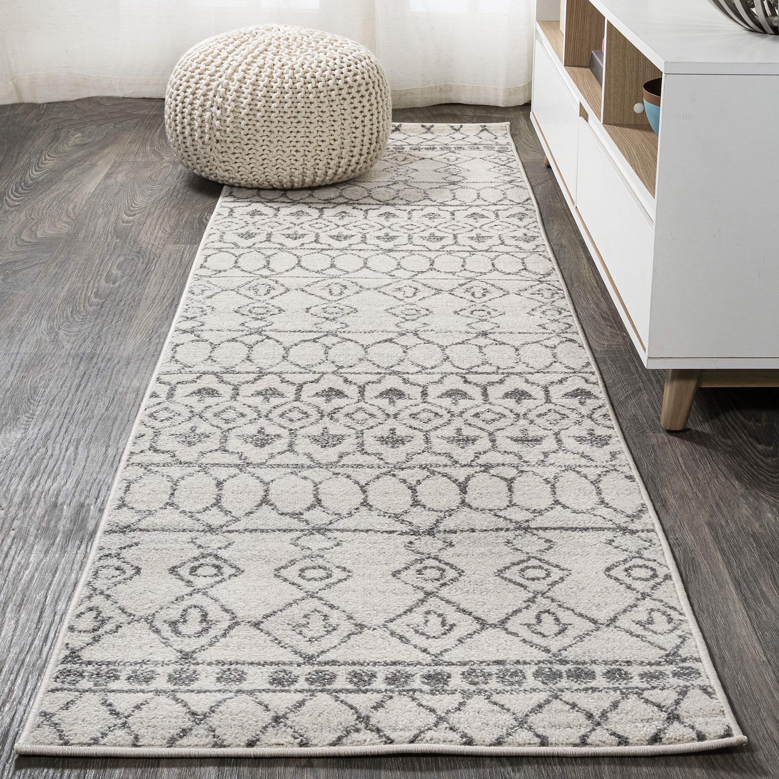 JONATHAN Y MOH209A-28 Izil Moroccan Beni Souk Indoor Farmhouse Area-Rug Bohemian Minimalistic Geometric Easy-Cleaning Bedroom Kitchen Living Room Non Shedding, 2 X 8, Cream,Gray