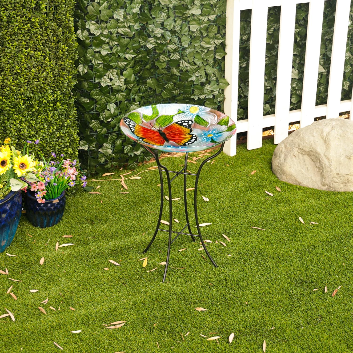 Alpine Corporation 26" Tall Outdoor Glass Floral Butterfly Birdbath with Metal Stand and Detachable 18" diam Bowl, Garden Decor, Orange