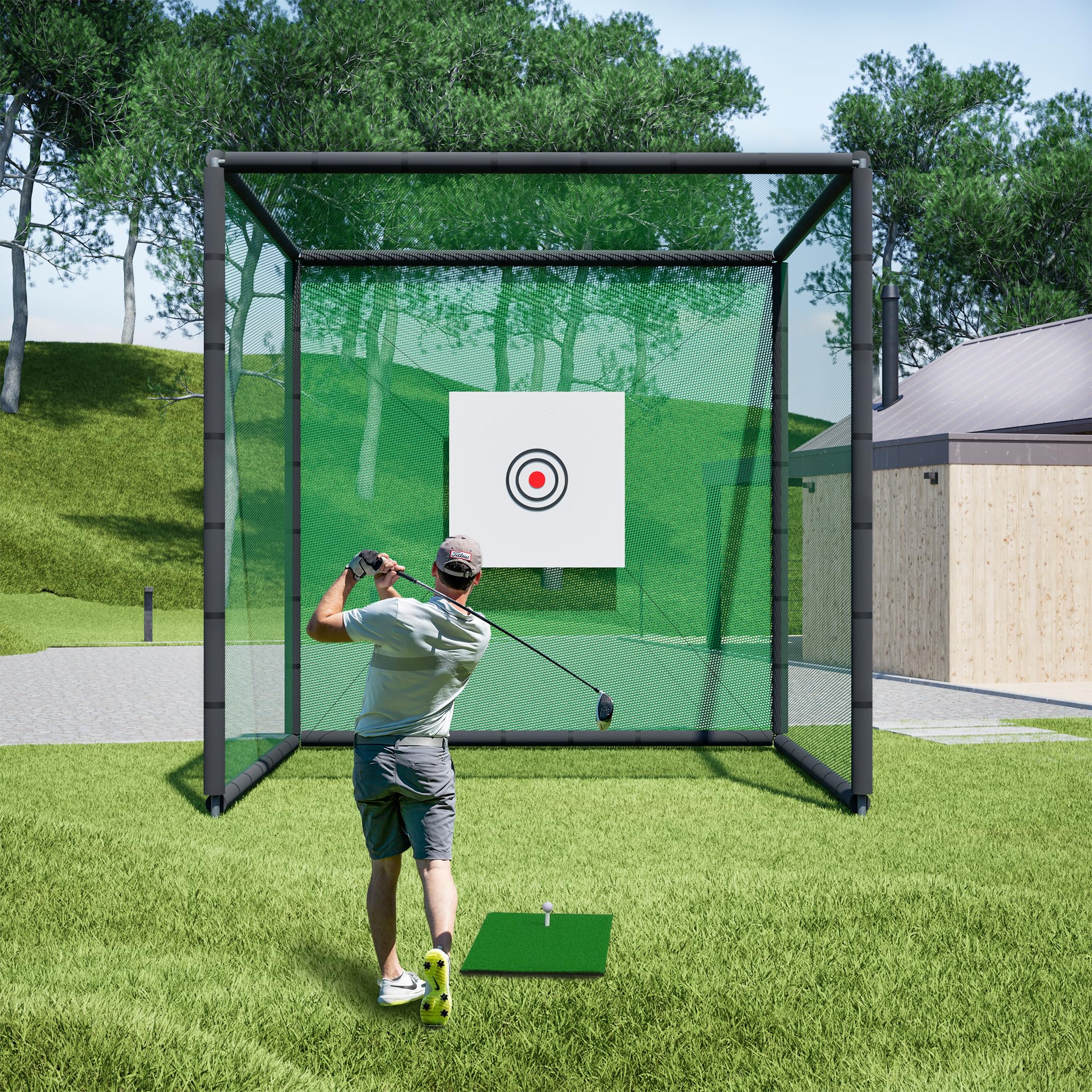 Thanaddo Golfkäfignetz 3m Freistehend Übungskäfignetz, Golfnetz Übunskäfig mit Ziel-Tuch und Übungsmattte