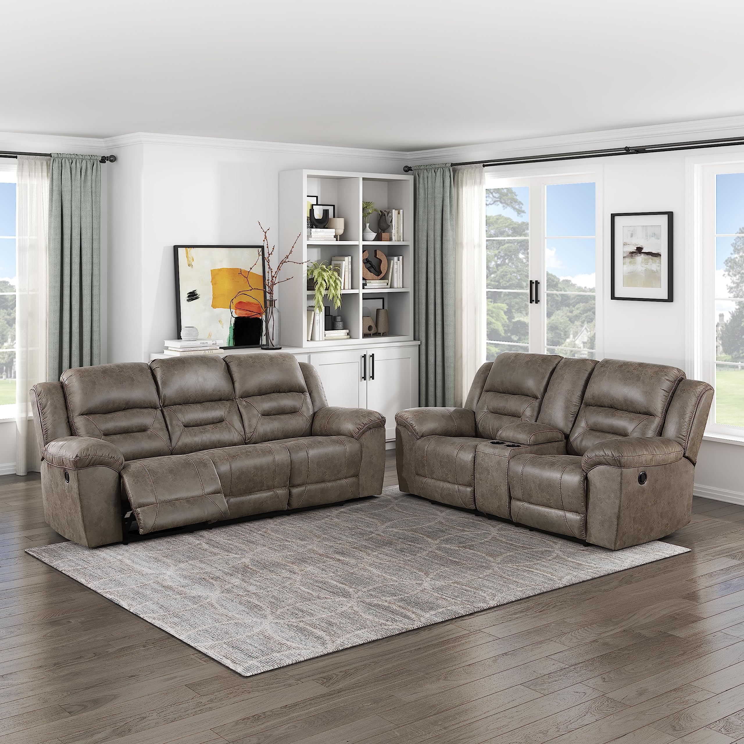 Lexicon Reclining Living Room Set, Wall Hugger Manual Reclining Sofas, Couches for Living Room, Home Theater Seating, Includes Dual Reclining Sofa and Loveseat, 2-Piece Set, Brown​