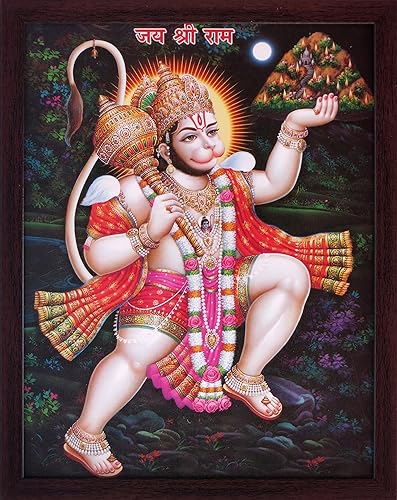Tienda de artesanías Hanuman Levantamiento Medicinal Drongairi Montaña y Volar Sobre el Río, una pintura de póster religioso hindú sagrado con marco