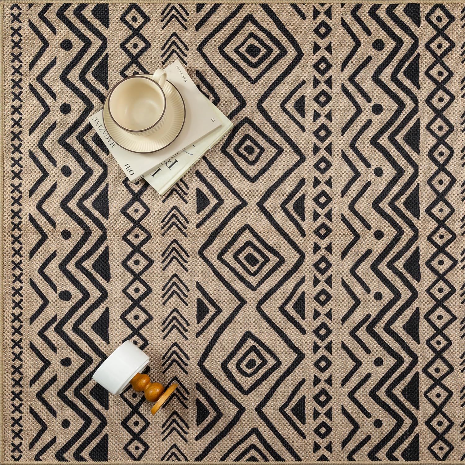 PureCozy 3x5 Easy Jute Outdoor Rug Black Boho Indoor Outdoor Area Rug Farmhouse Patio Doormat for Backyard, Patio, Porch，Easy-Cleaning, High Traffic, Pet-Friendly, Non-Shedding