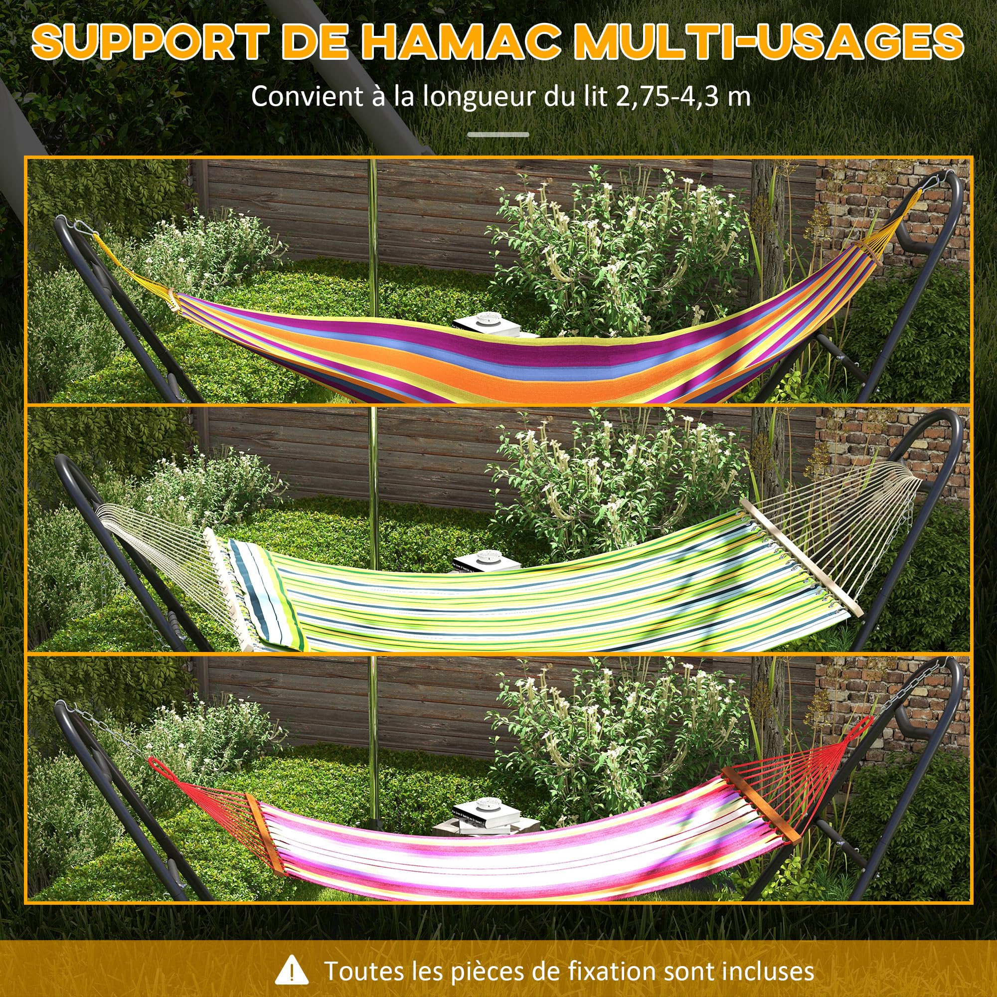 Outsunny Support de Hamac pour 2 Personnes, Cadre Métal Portable Réglable, Résistant aux Intempéries, Capacité 250 kg, Noir