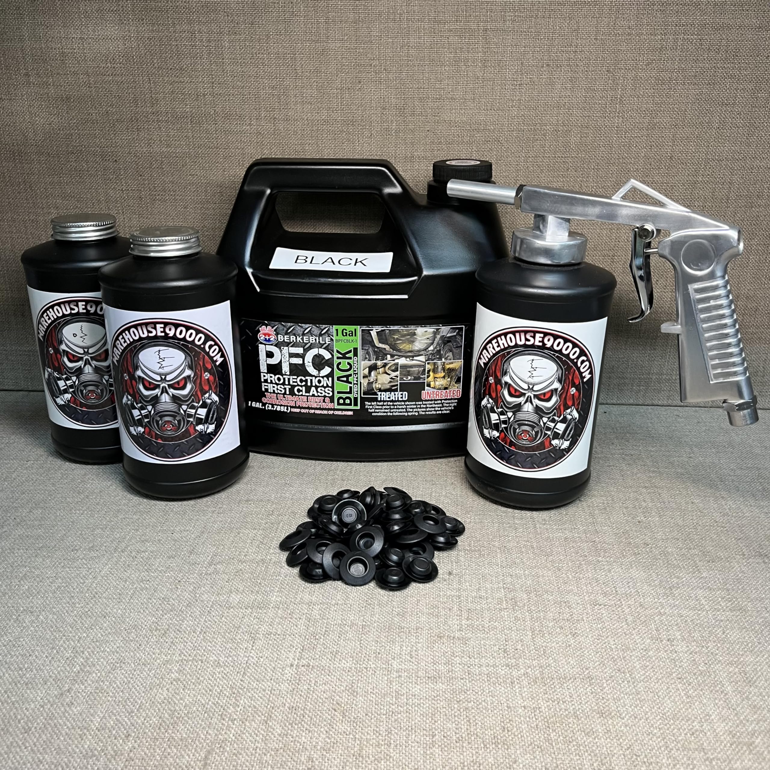 Gallon PFC Black, Standard Economy Undercoating Spray Gun, 3 Black Quart Bottles, and 50 Rust Plugs