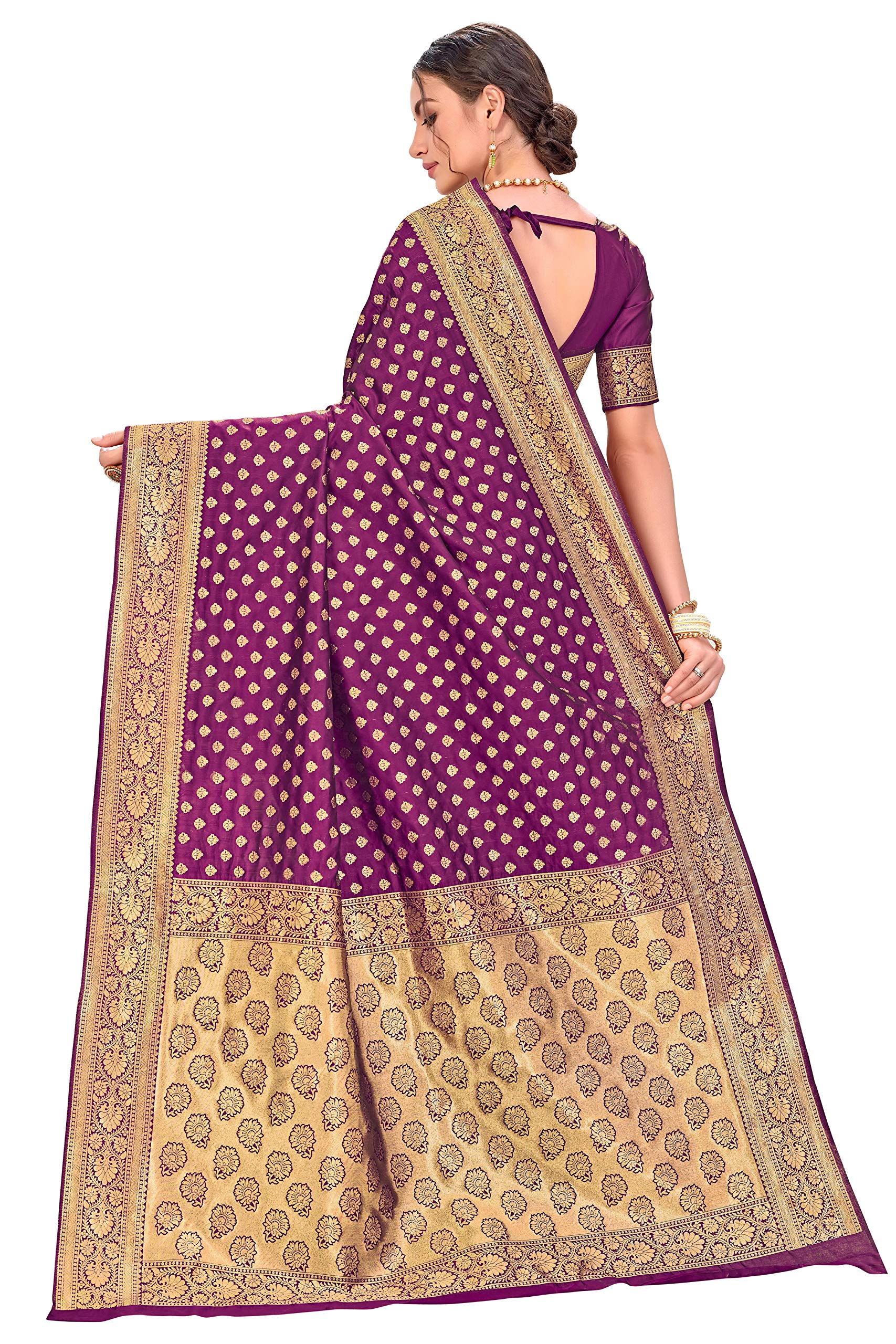 Glory Sarees Women's Woven Pure Soft Kanjivaram Silk Saree Banarasi Style With Blouse Piece for Wedding (kara128_Wine) 2