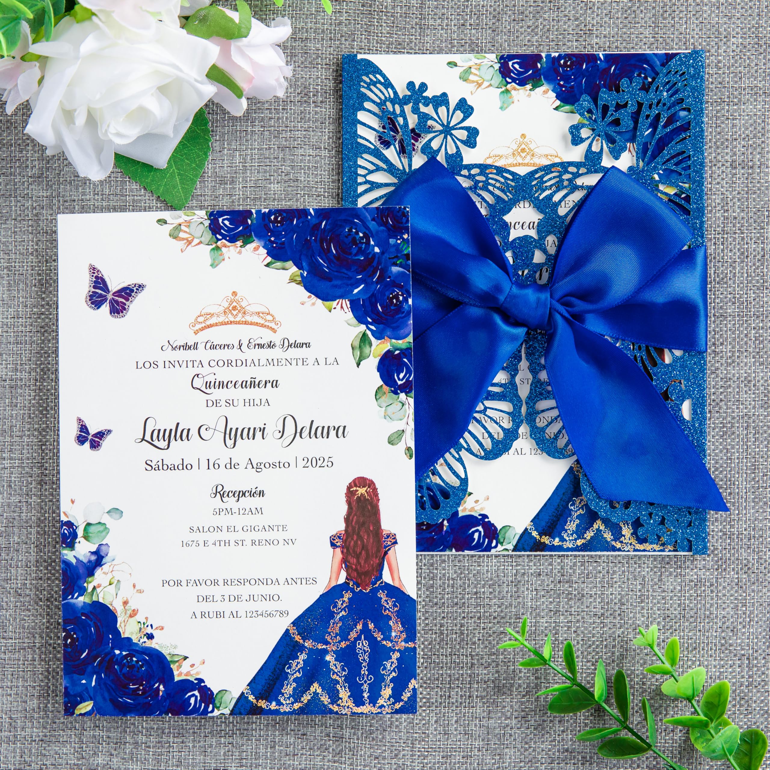 FEIYI 20 PCS 5.12x7.2 Butterfly Personalized Quinceanera Invitation, Customized XV Anos Laser Cut Invitation Cards with Envelopes (Blue Glitter