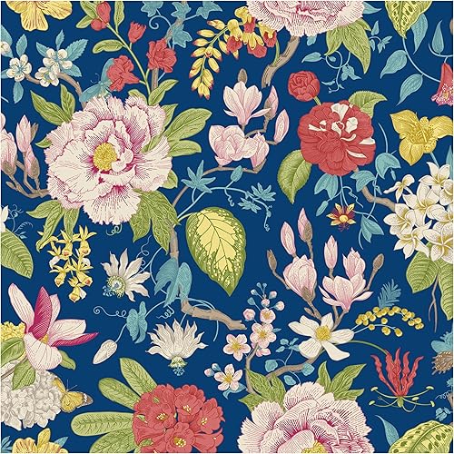 Blooming Wall DPYB30 - Papel tapiz autoadhesivo, diseño de maganolia retro sobre fondo azul, extraíble, autoadhesivo, 14.5 pies cuadradosrollo