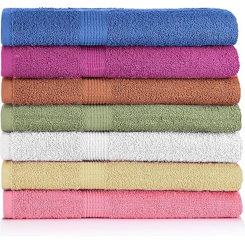 Crystal Towels Bath Towel Set Pack of 7 (27 x 52 Inches) 100% Cotton, Ultra Soft Highly Absorbent Bath Towel, Lightweight and Quick Drying Towels, Multi Colors Brights.