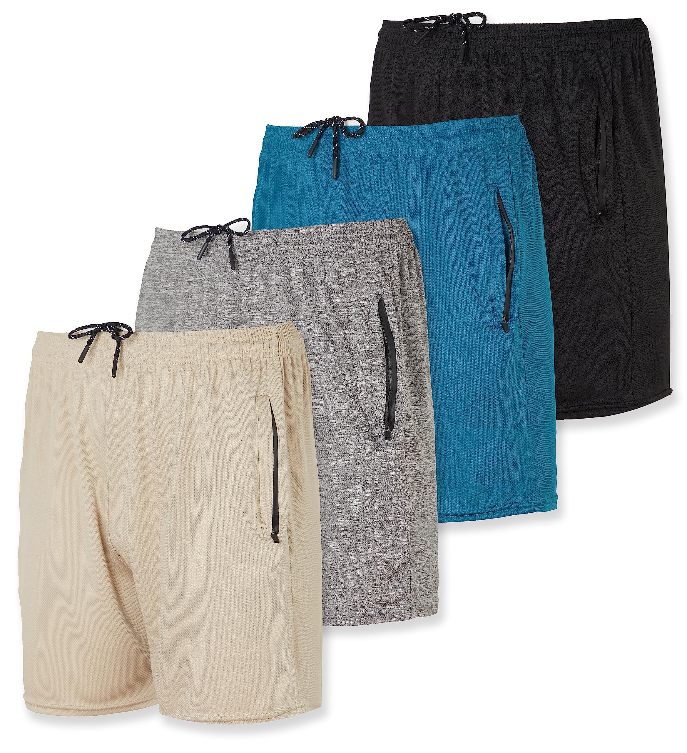 Real Essentials4 Pack: Men's 5" Mesh Quick-Dry Running Shorts with Zipper Pockets & Drawstring (Available in Big & Tall)