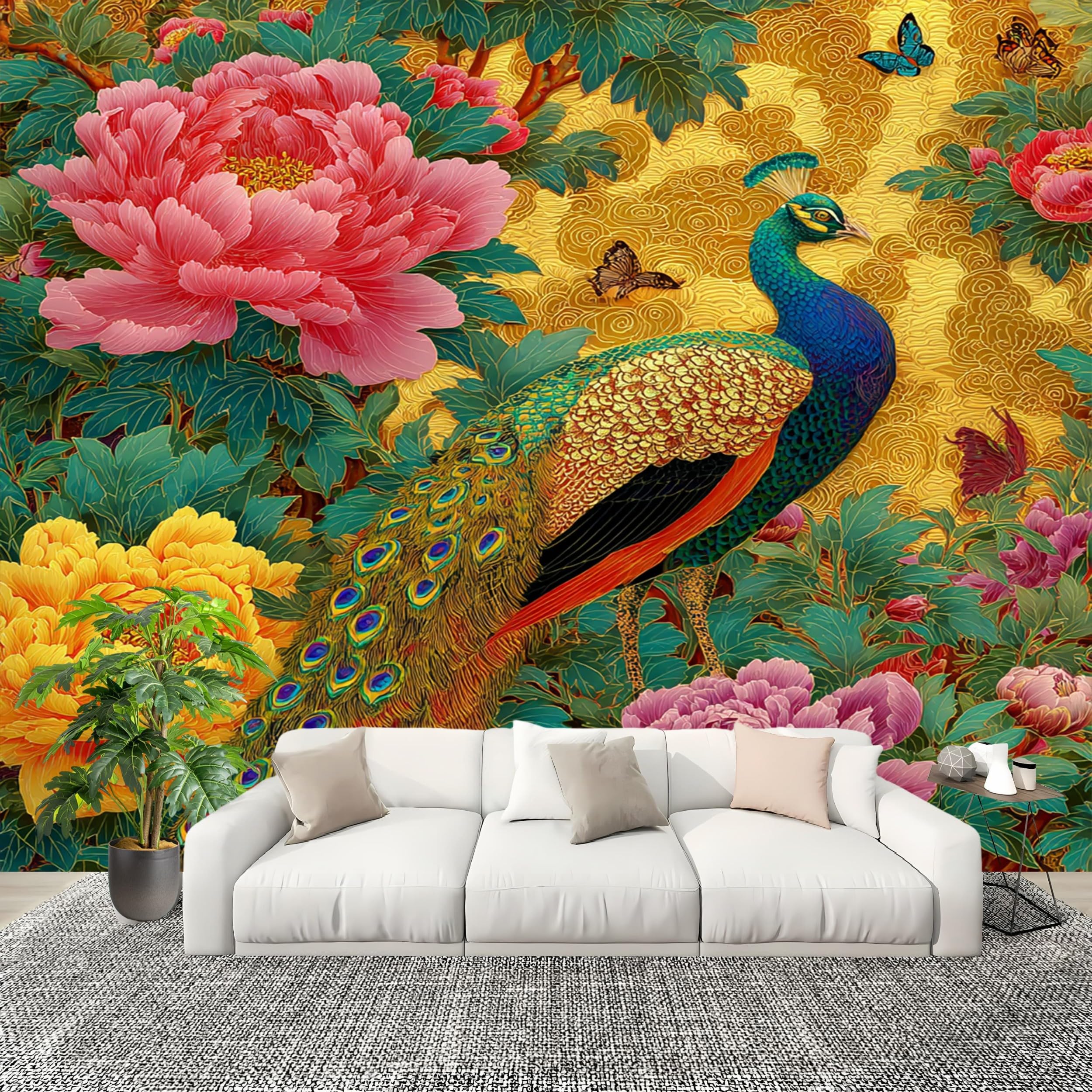 Grandi Murali Poster Lussuosi Fiori di Pavone Carta da Parati Tessuto Non Tessuto 250x175 cm Oro Carta da Poster Panoramica, Fotomurale Decorativo per Pareti Interne