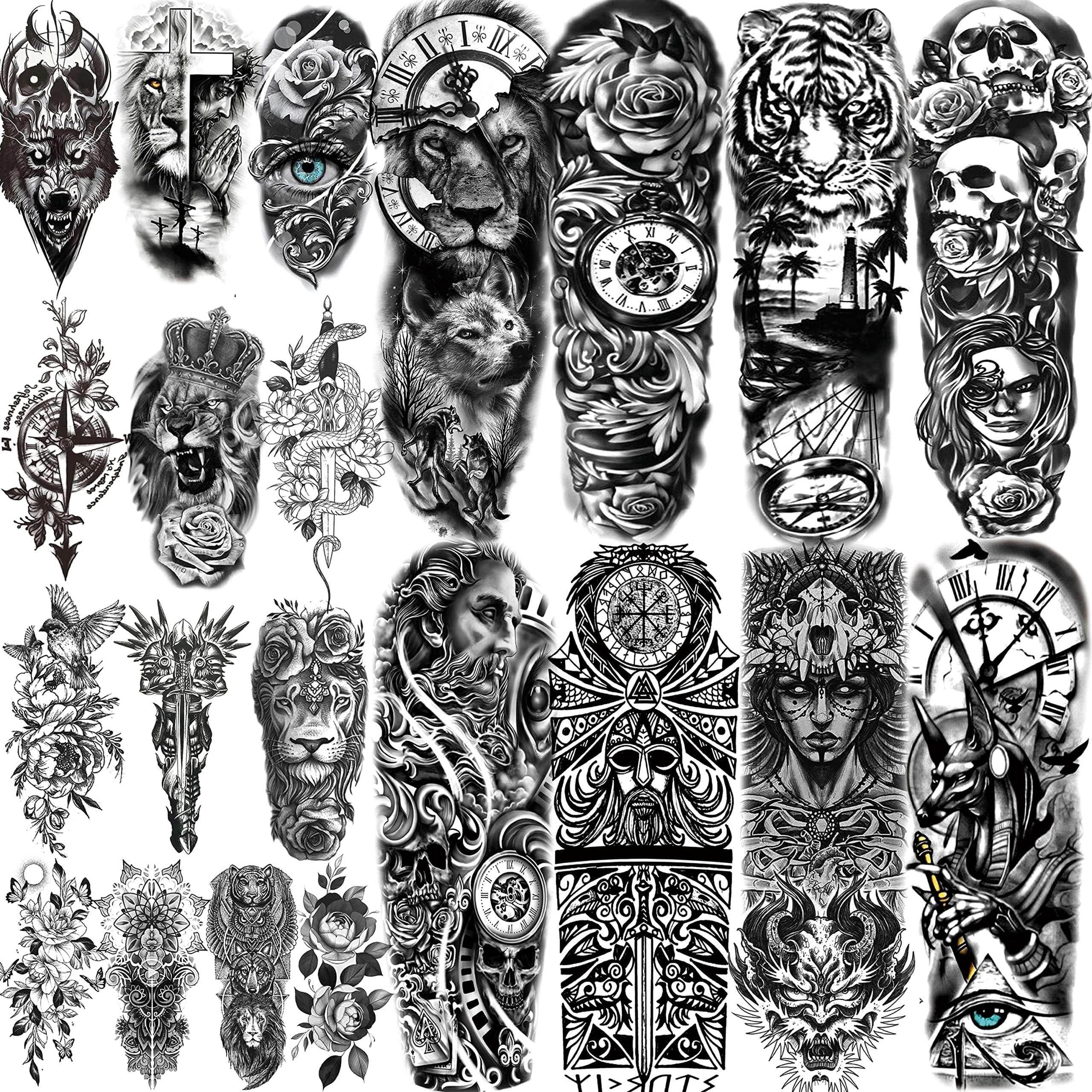21 Sheets Extra Large Black Temporary Tattoos For Women Adults Greek Myth With 8 Sheets Full Arm Temporary Tattoo Sleeve For Men Maori Warrior Compass and 13 Sheets Fake Large 3D Tatoo Stickers