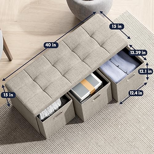 Miniatura 2 de Ornavo Home Taburete otomano plegable de lino con 3 cubos de cajones, 15 x 40 x 15 pulgadas, color negro