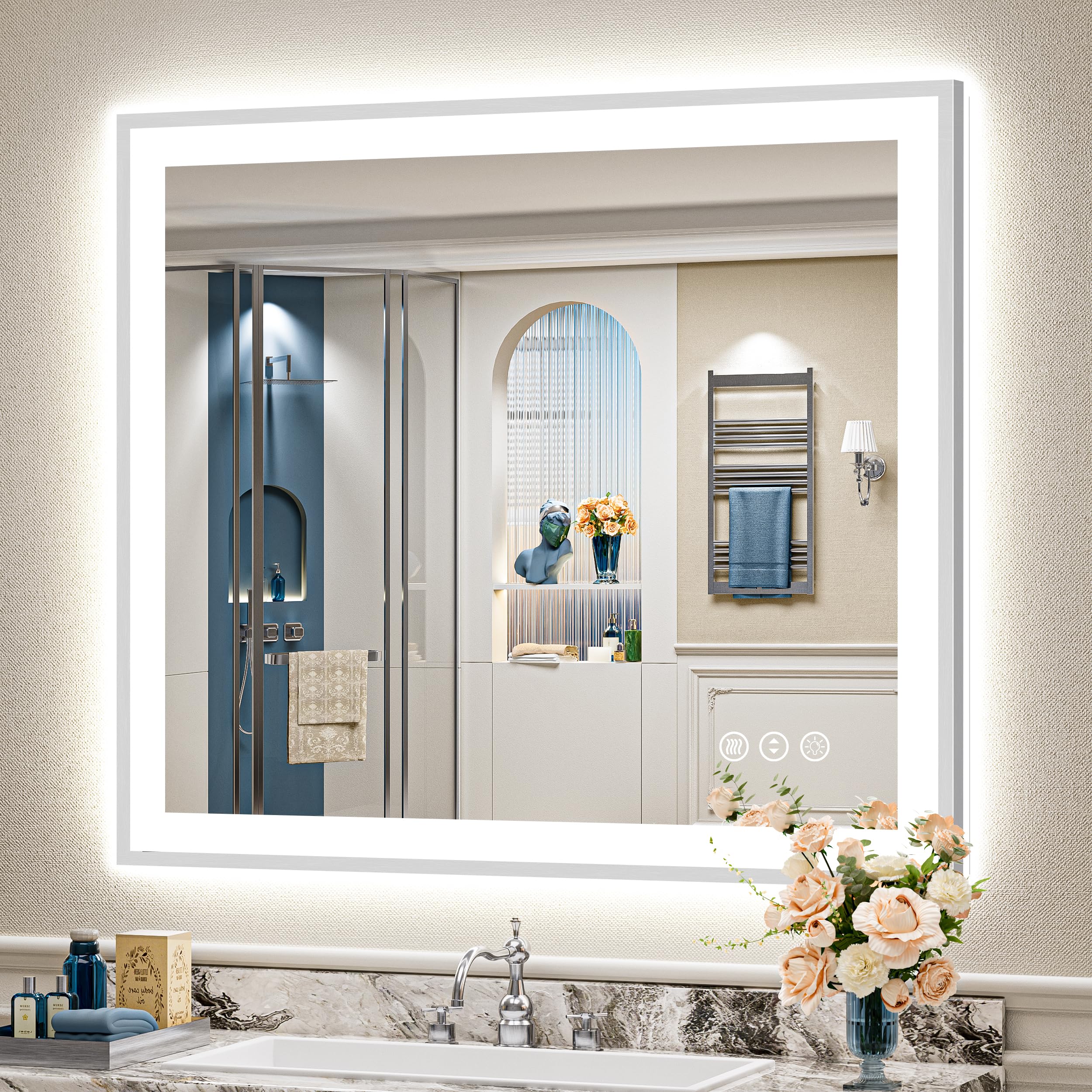 40x36 Brushed Nickel LED Bathroom Mirror with Lights, Backlit &amp; Front-Lit, Anti-Fog, Framed Lighted Vanity Mirrors for Bathroom Wall, Dimmable, 3 Colors, Memory, Shatter-Proof, Tempered Glass