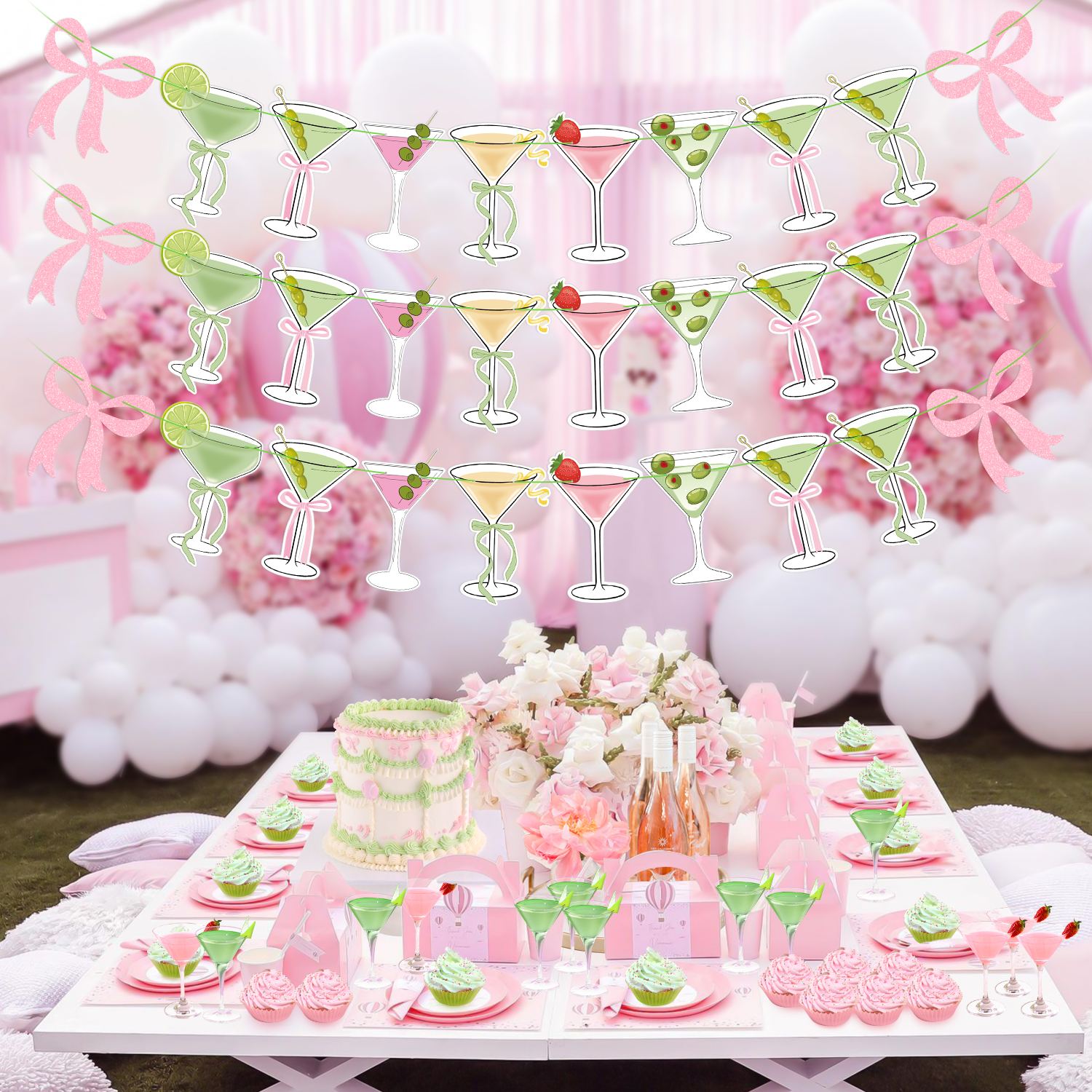 Pink Martini Party Banner - Pre-Strung Garland For Bachelorette & Birthday Parties