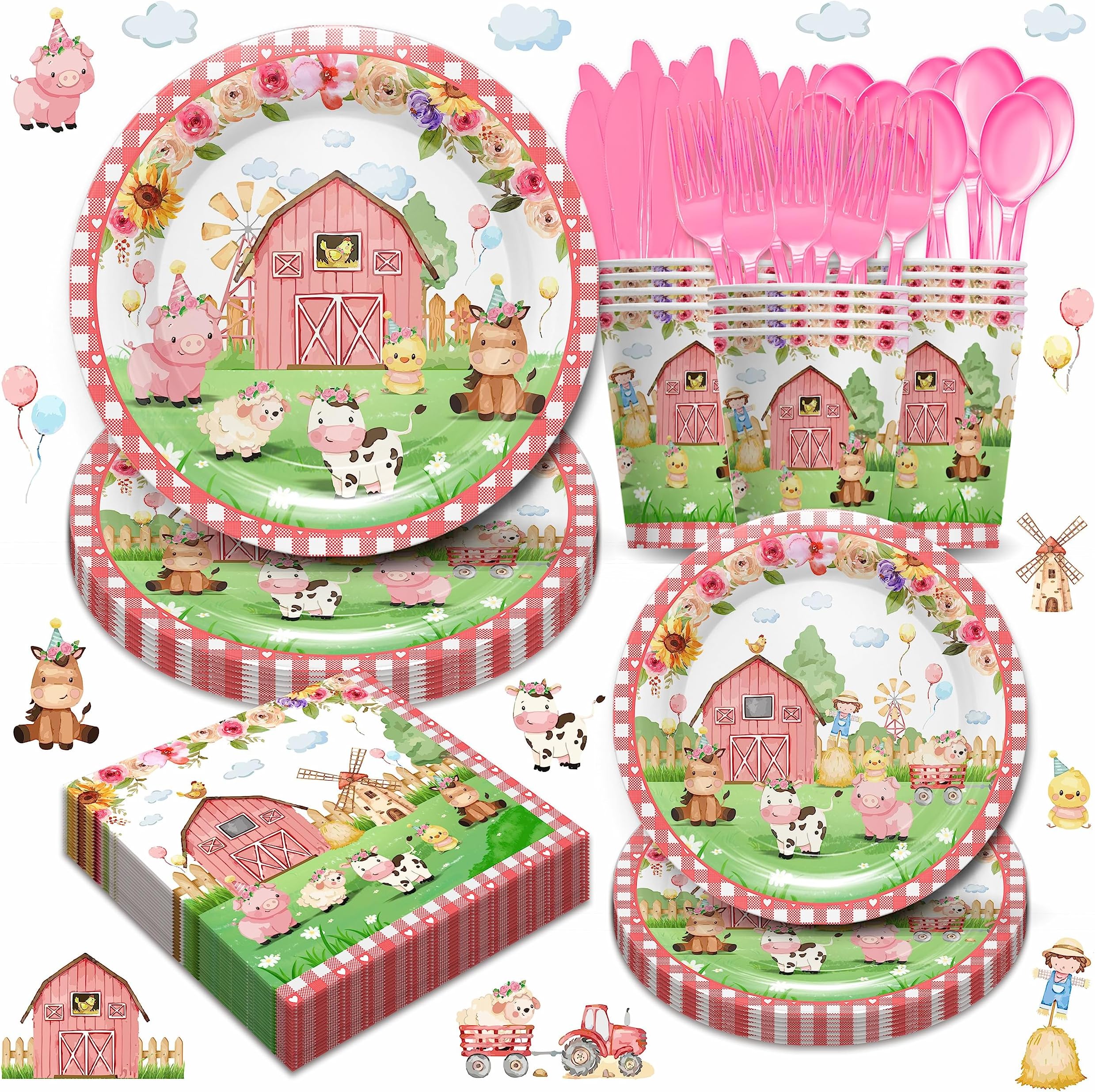 Piooluialy Farm Birthday Party Supplies Tableware Set - Farm Animal Baby Shower Party Decorations Include Dinner Plates, Cups, Napkins, Cutlery, Farm House Barnyard Theme Party Supplies | Serves 24