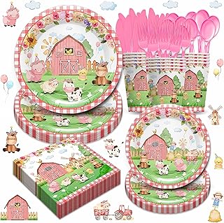Piooluialy Pink Farm Birthday Party Supplies for Girl - Farm Animal Baby Shower Party Decorations Include Dinner Plates, Cups, Napkins, Cutlery, Farm House Barnyard Theme Party Supplies | Serves 24