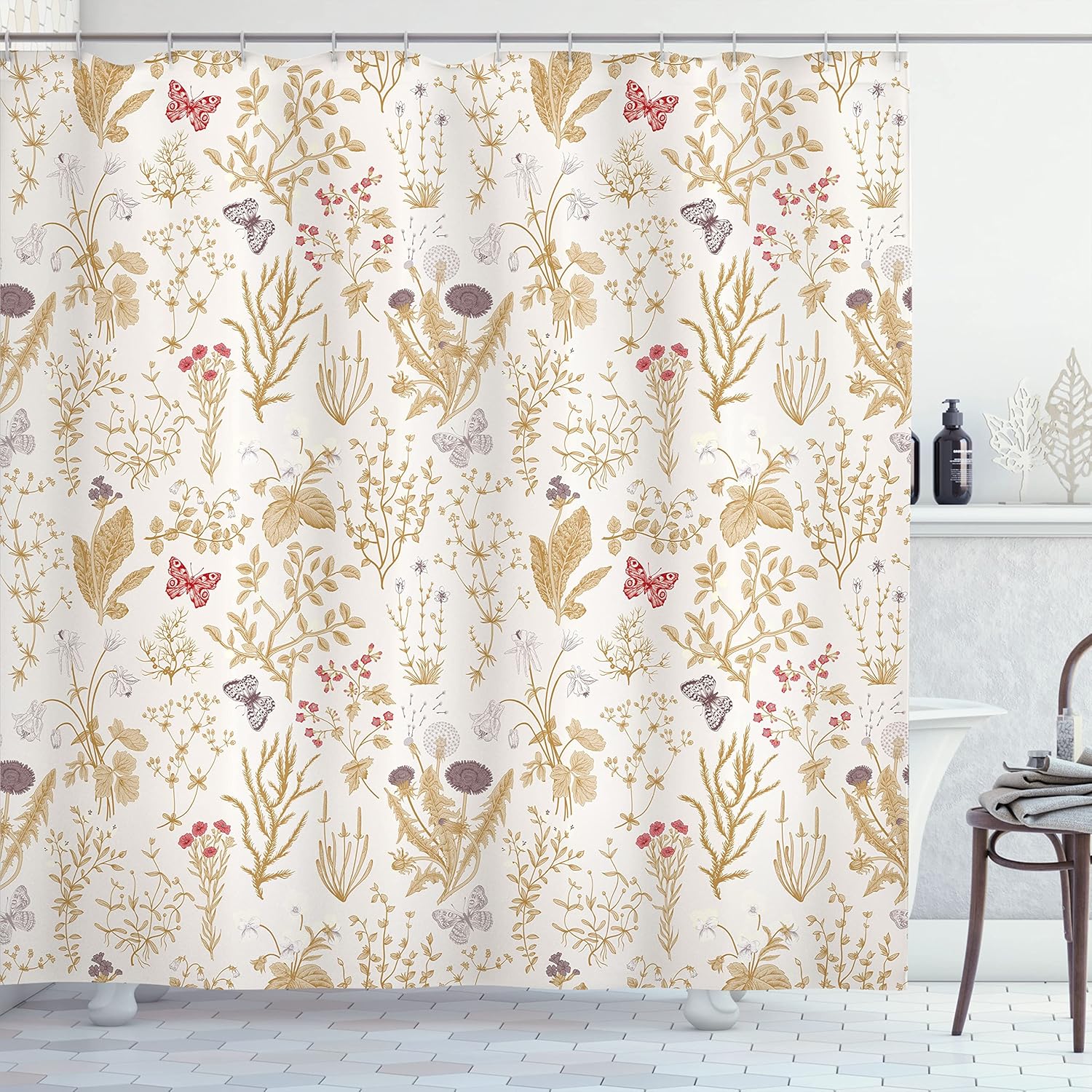 Ambesonne Floral Shower Curtain, Vintage Garden Plants Herbs Flowers Botanical Classic Design Illustration, Cloth Fabric Bathroom Decor Set with Hooks, 69" W x 84" L, Almond Pearl